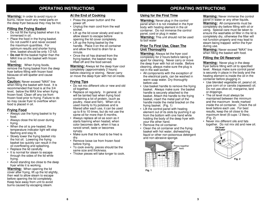 Euro-Pro F1052 Filling the Frying Basket, Frying Food, At the End of Cooking, Frying Tips, Filling the Oil Reservoir 