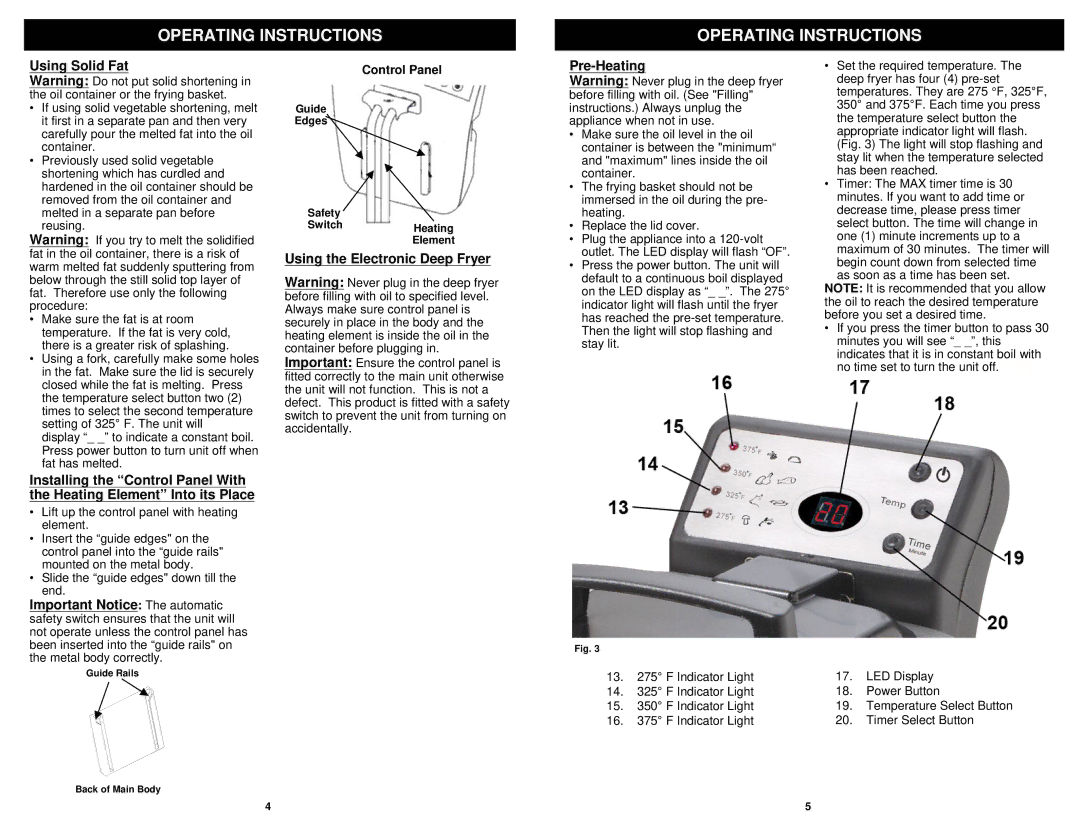 Euro-Pro F1052 owner manual Using Solid Fat, Using the Electronic Deep Fryer Pre-Heating 