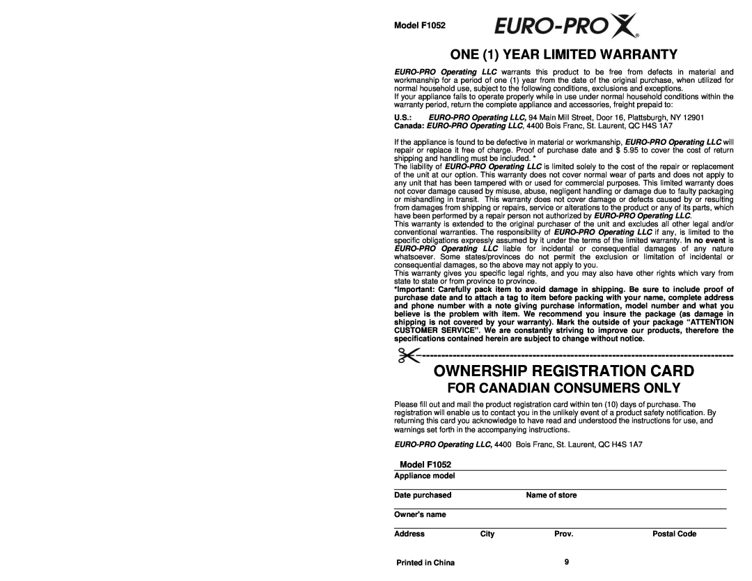 Euro-Pro Ownership Registration Card, ONE 1 YEAR LIMITED WARRANTY, For Canadian Consumers Only, Model F1052, Address 