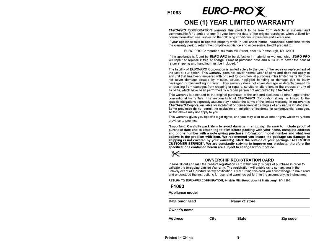 Euro-Pro F1063 manual ONE 1 Year Limited Warranty, Ownership Registration Card 