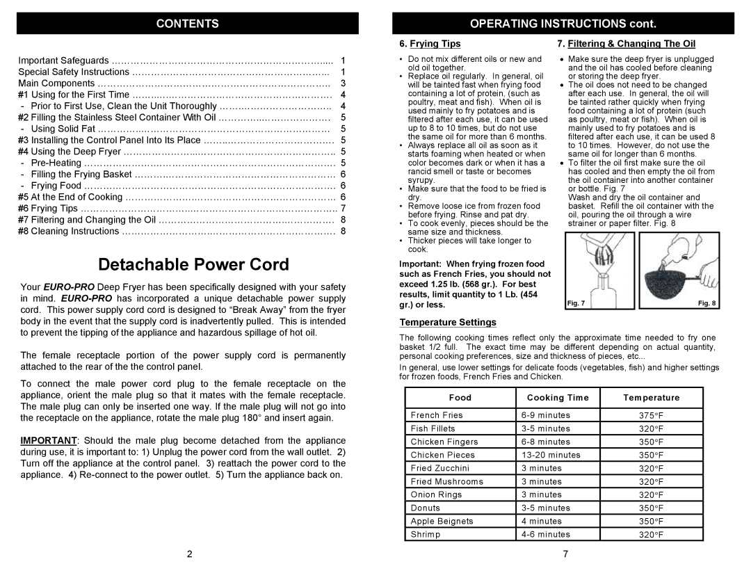 Euro-Pro F1063 manual Detachable Power Cord, Contents 