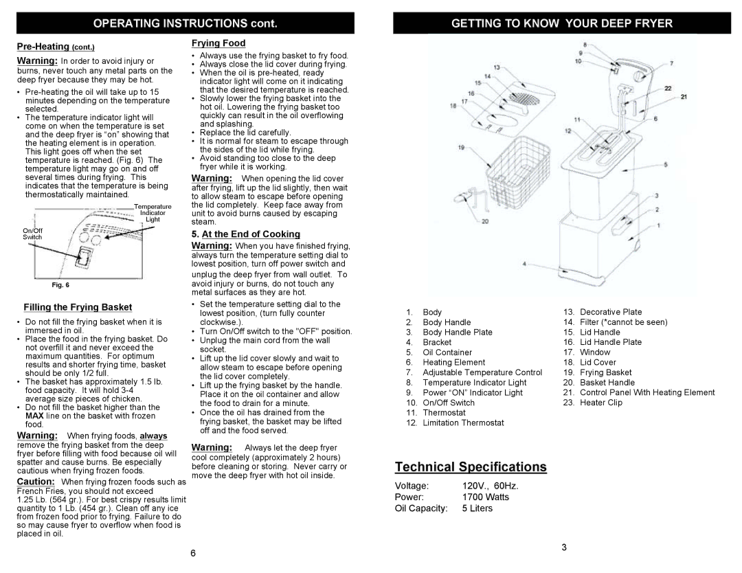 Euro-Pro F1063 manual Technical Specifications, Getting to Know Your Deep Fryer 