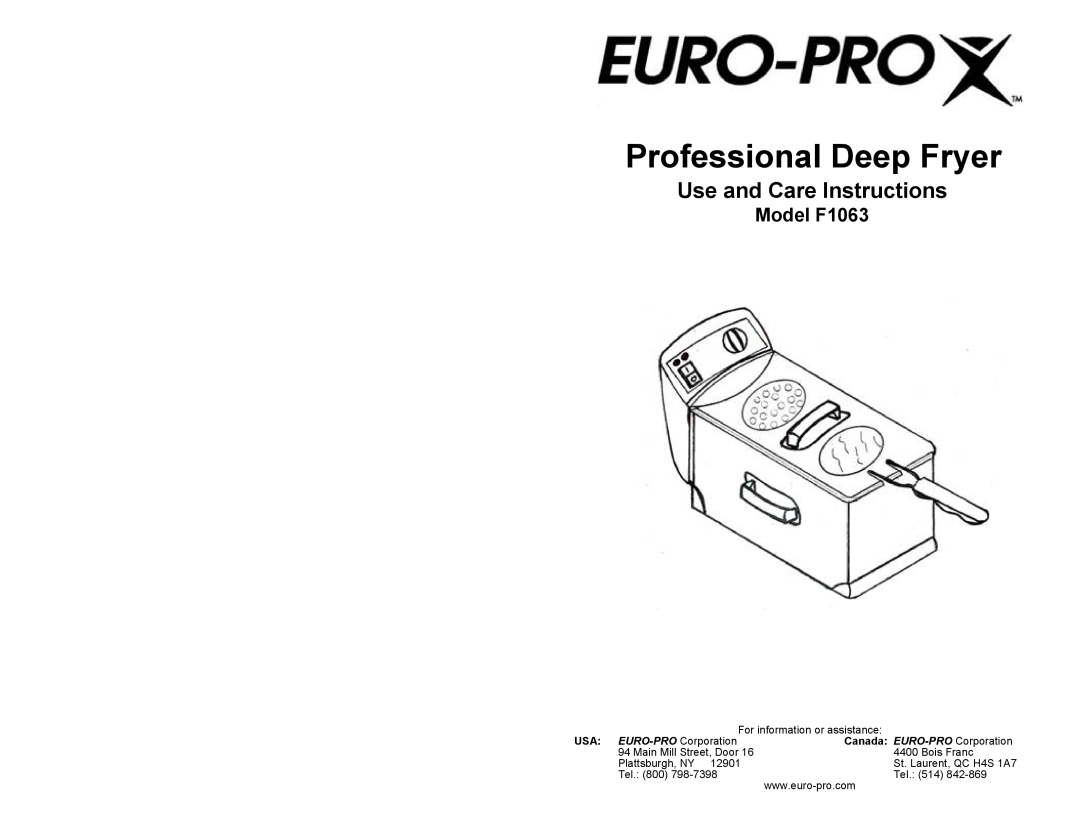 Euro-Pro manual Use and Care Instructions, Model F1063, Professional Deep Fryer 