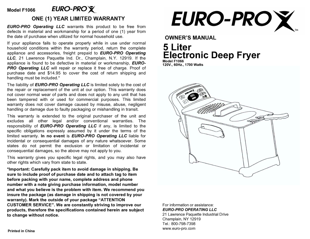 Euro-Pro owner manual ONE 1 Year Limited Warranty, Model F1066 120V., 60Hz., 1700 Watts 