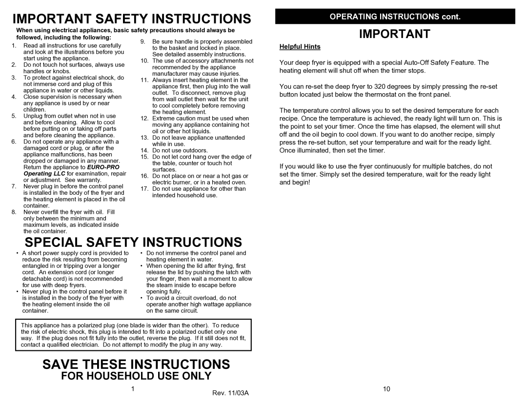 Euro-Pro F1066 owner manual Important Safety Instructions, Helpful Hints 