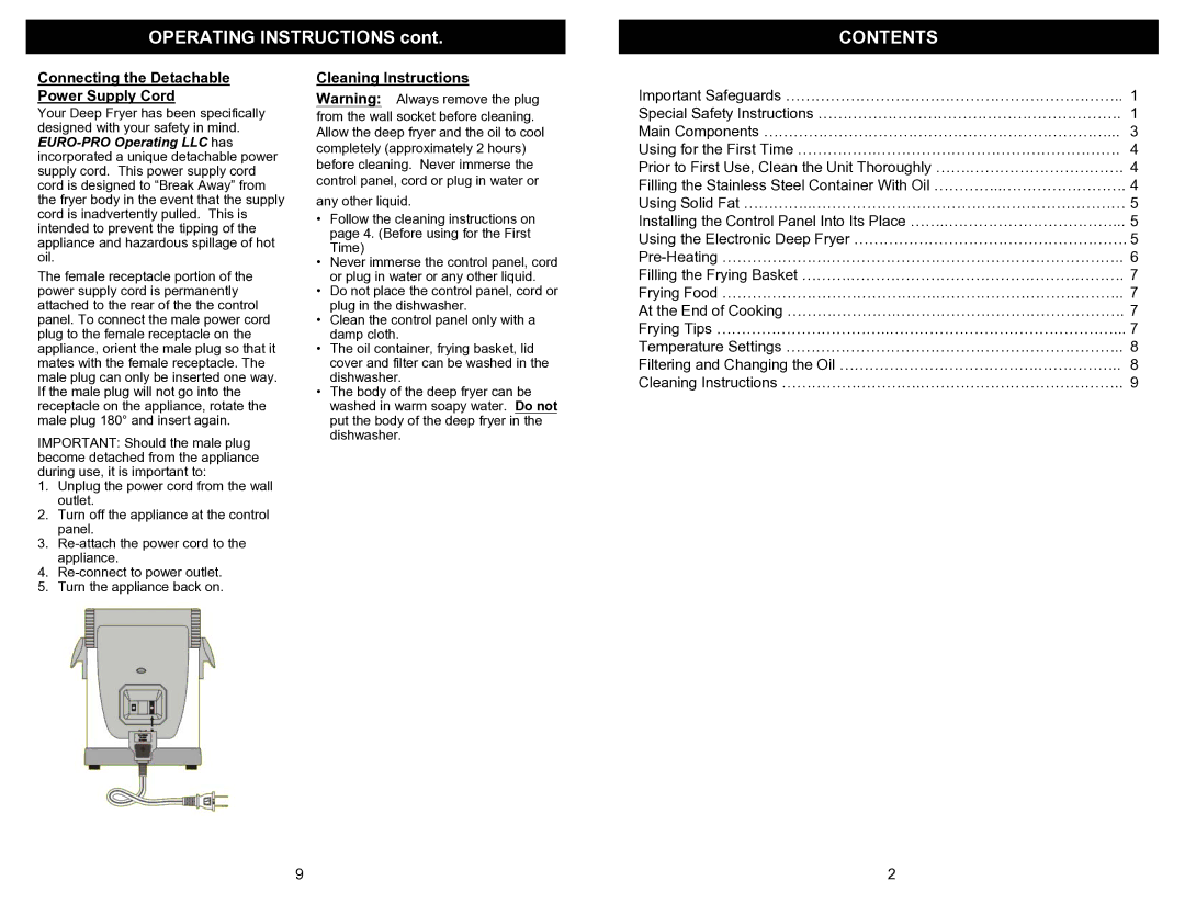 Euro-Pro F1066 owner manual Contents 