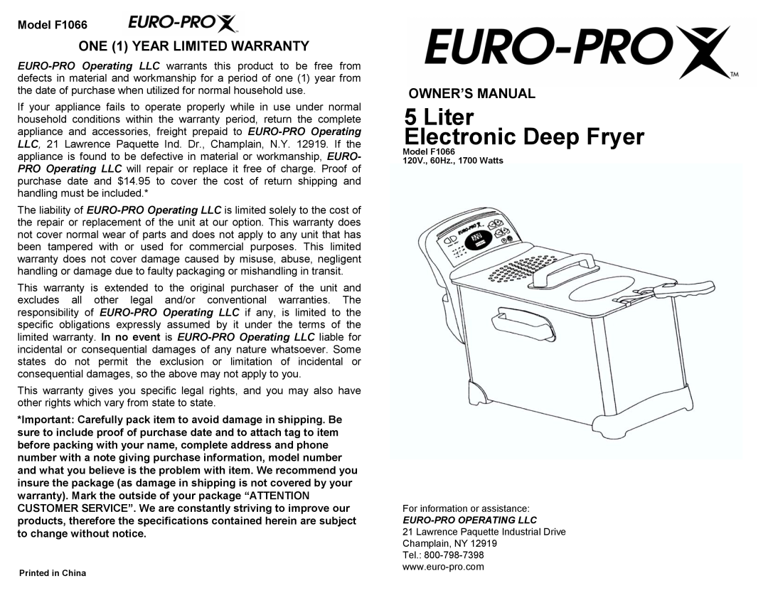 Euro-Pro owner manual ONE 1 YEAR LIMITED WARRANTY, Liter Electronic Deep Fryer, Model F1066 