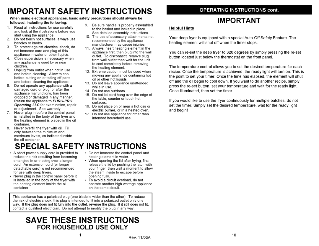 Euro-Pro F1066 OPERATING INSTRUCTIONS cont, Important Safety Instructions, Special Safety Instructions, Helpful Hints 