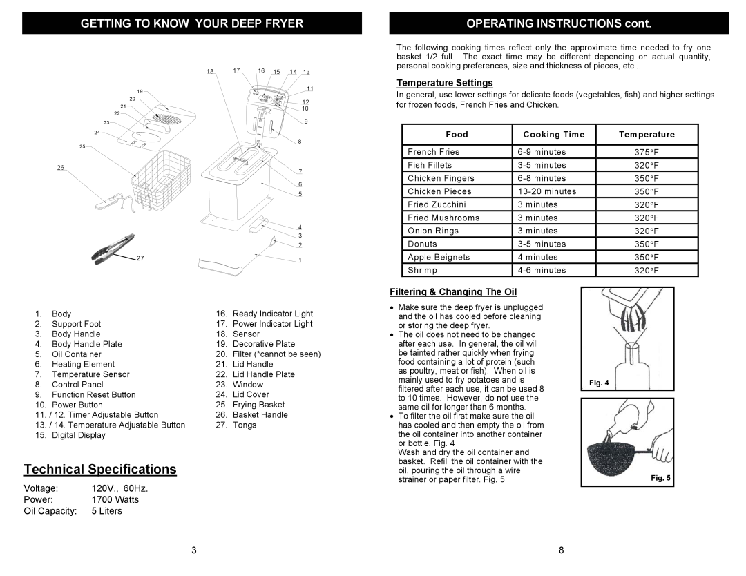 Euro-Pro F1066 Technical Specifications, Getting To Know Your Deep Fryer, OPERATING INSTRUCTIONS cont, Food, Cooking Time 