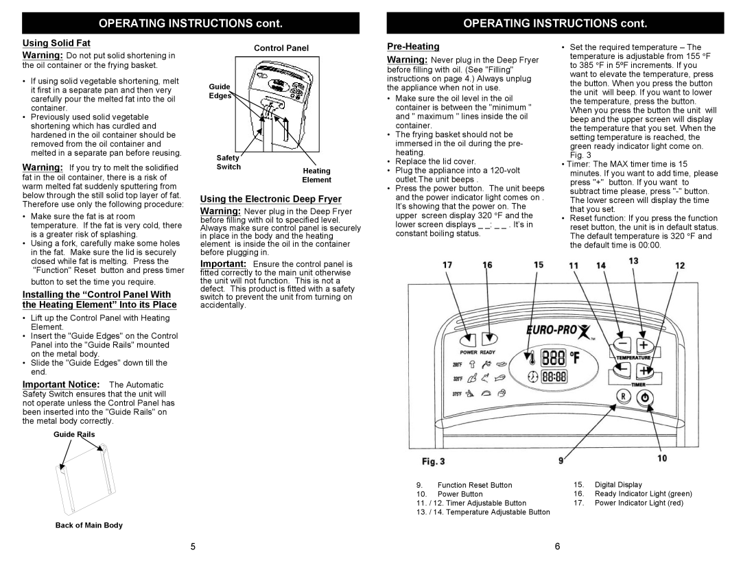 Euro-Pro F1066 owner manual OPERATING INSTRUCTIONS cont, Using Solid Fat, Pre-Heating, Control Panel 