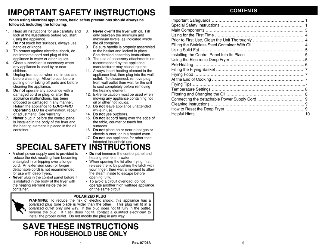 Euro-Pro F1068 owner manual For Household USE only, Contents 