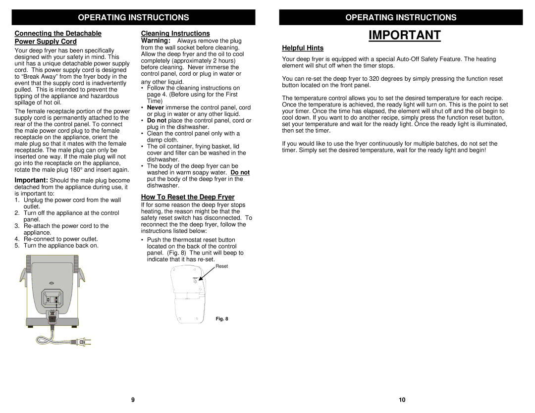 Euro-Pro F1068 owner manual Connecting the Detachable Power Supply Cord, How To Reset the Deep Fryer, Helpful Hints 