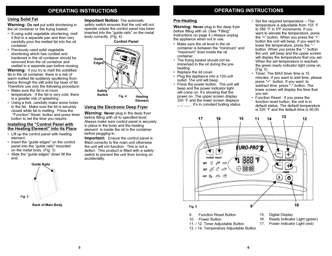 Euro-Pro F1068 owner manual Using Solid Fat, Using the Electronic Deep Fryer, Pre-Heating 