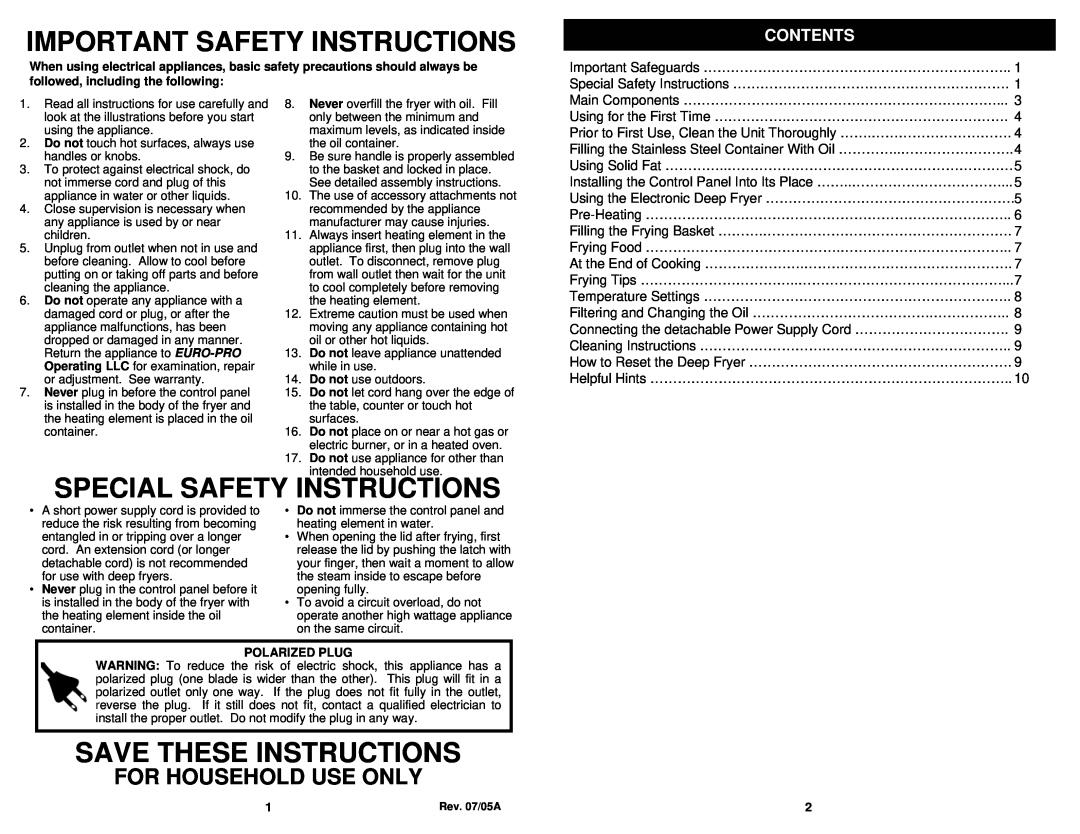 Euro-Pro F1068 owner manual For Household Use Only, Contents, Important Safety Instructions, Special Safety Instructions 
