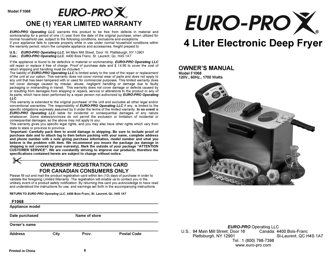 Euro-Pro F1068 owner manual Litter Electronic Deep Fryer, Owner’S Manual, EURO-PROOperating LLC 
