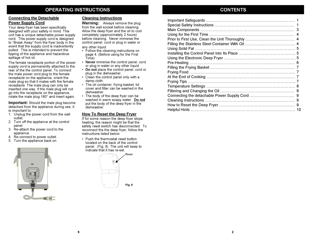 Euro-Pro F1068 Contents, Connecting the Detachable Power Supply Cord, Cleaning Instructions, How To Reset the Deep Fryer 