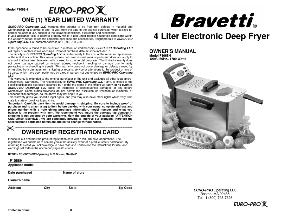 Euro-Pro F1068H owner manual ONE 1 Year Limited Warranty, Ownership Registration Card 