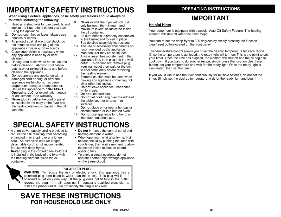 Euro-Pro F1068H owner manual For Household USE only, Operating Instructions, Helpful Hints 