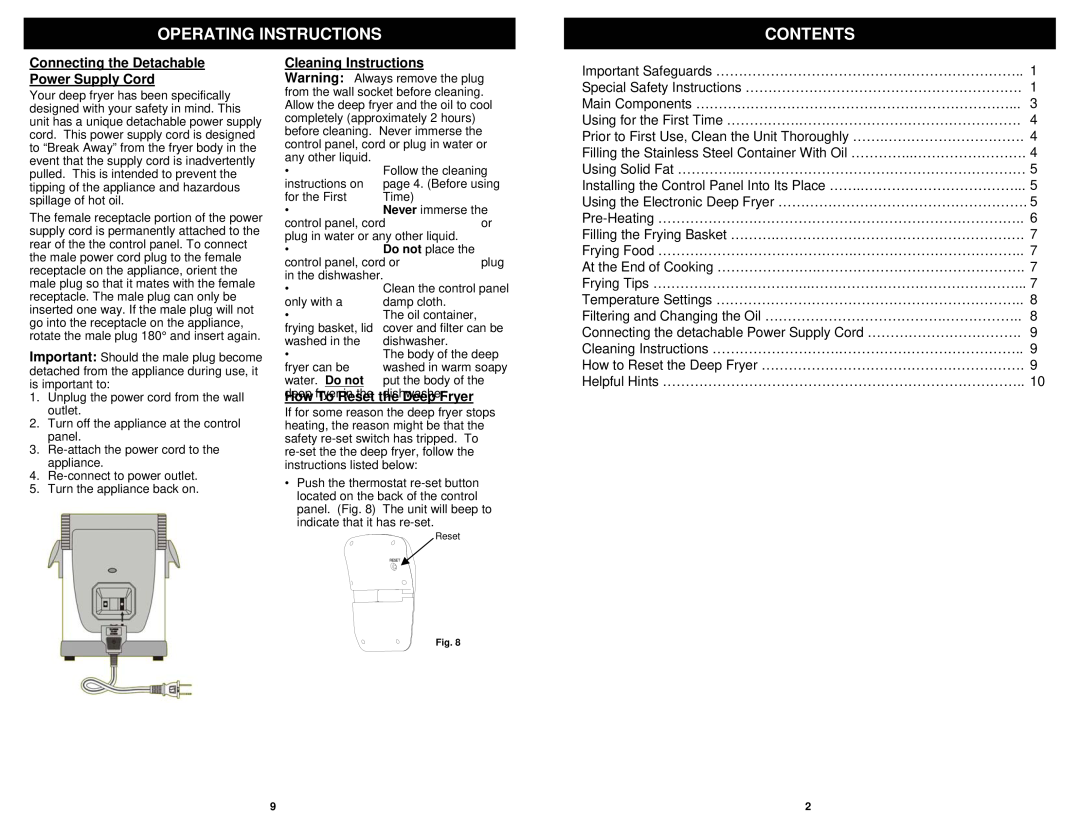 Euro-Pro F1068H Contents, Connecting the Detachable Power Supply Cord, How To Reset the Deep Fryer, Operating Instructions 