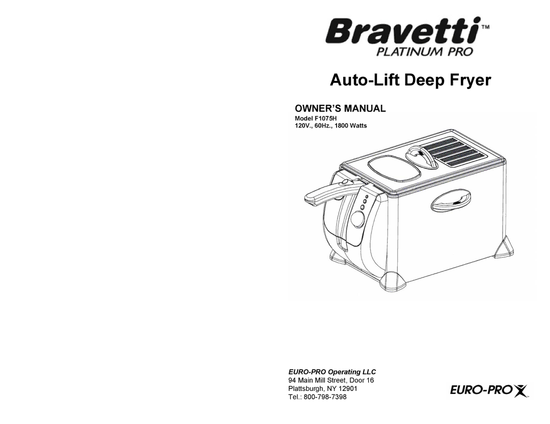 Euro-Pro F1075H owner manual Auto-Lift Deep Fryer 