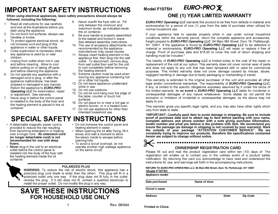 Euro-Pro F1075H owner manual Important Safety Instructions 