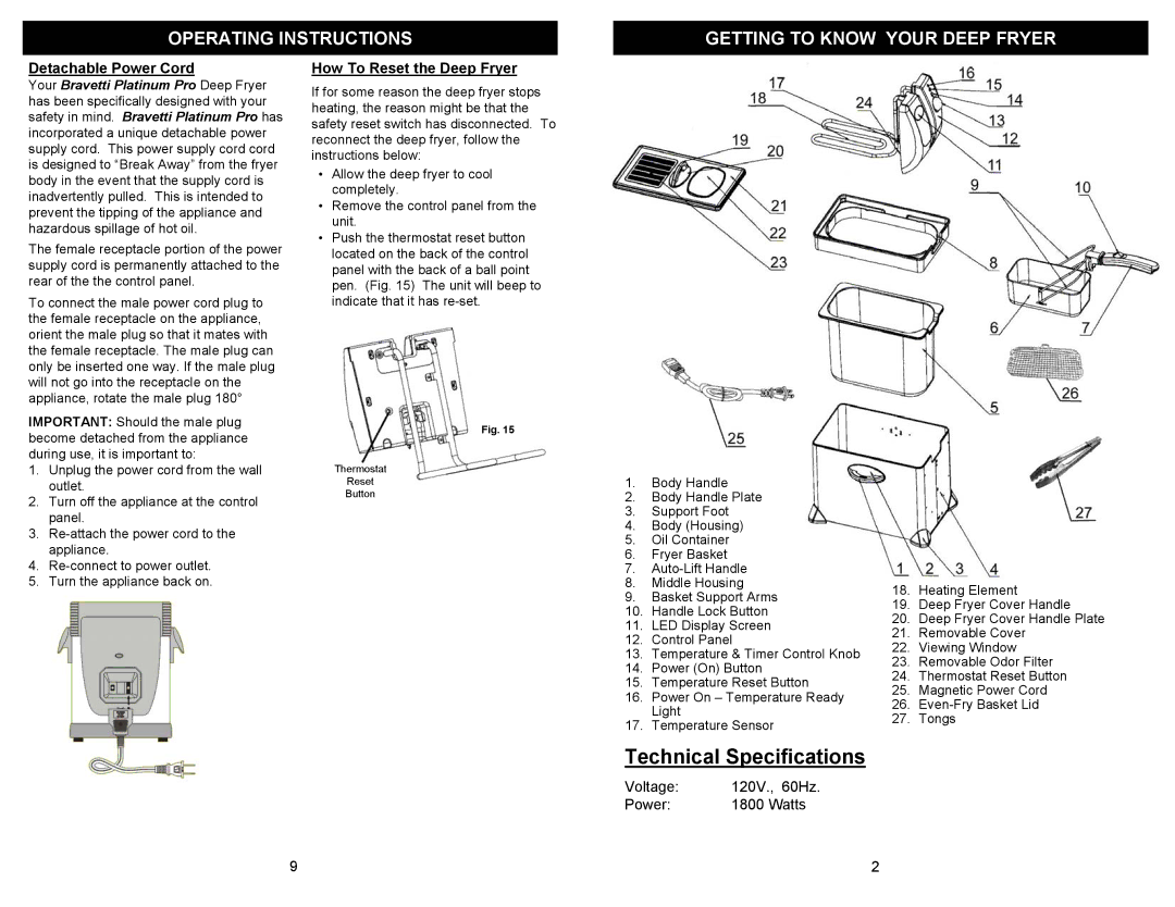 Euro-Pro F1075H owner manual Detachable Power Cord, How To Reset the Deep Fryer 