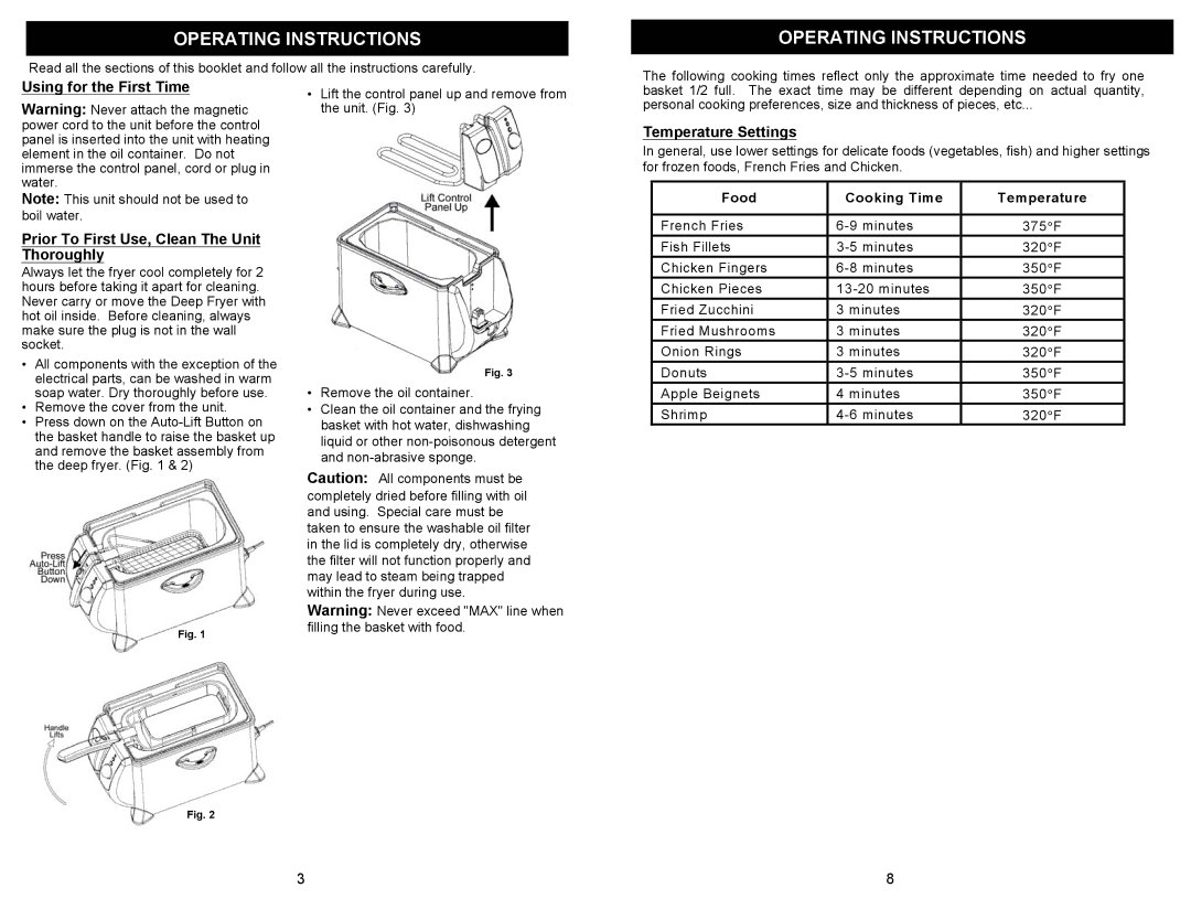 Euro-Pro F1075H owner manual Temperature Settings, Food Cooking Time Temperature 