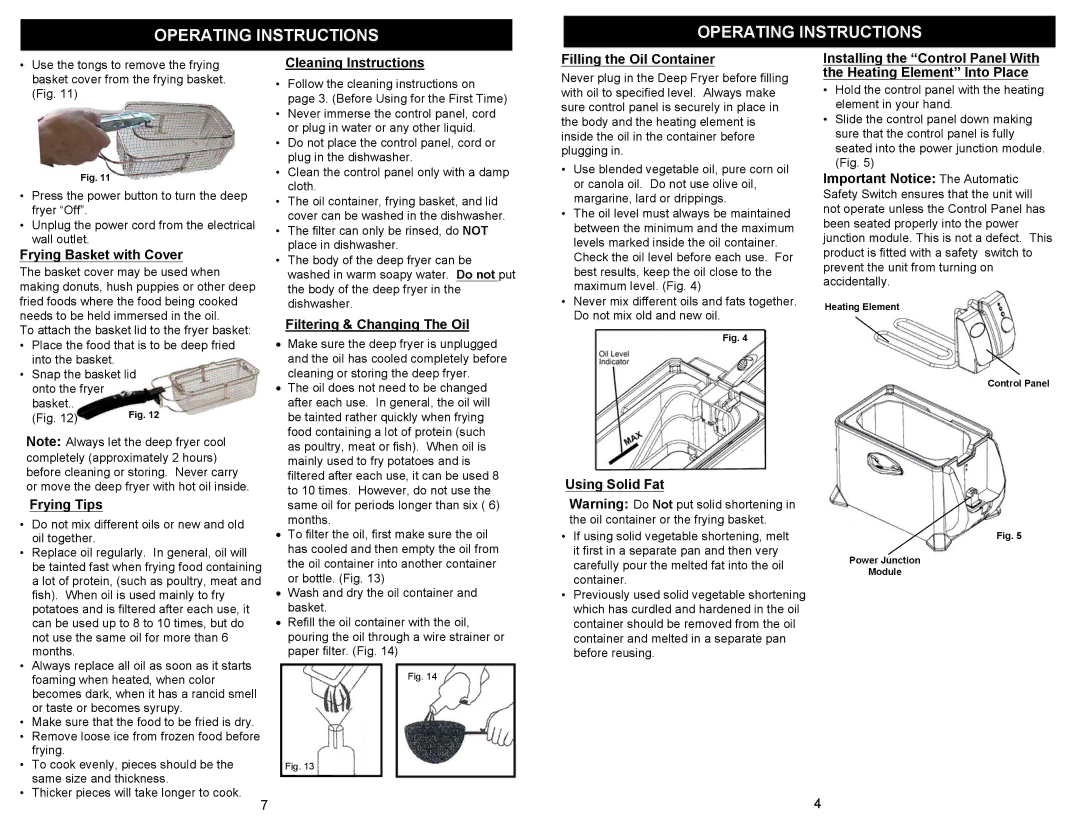 Euro-Pro F1075H Frying Basket with Cover, Cleaning Instructions, Filtering & Changing The Oil, Filling the Oil Container 