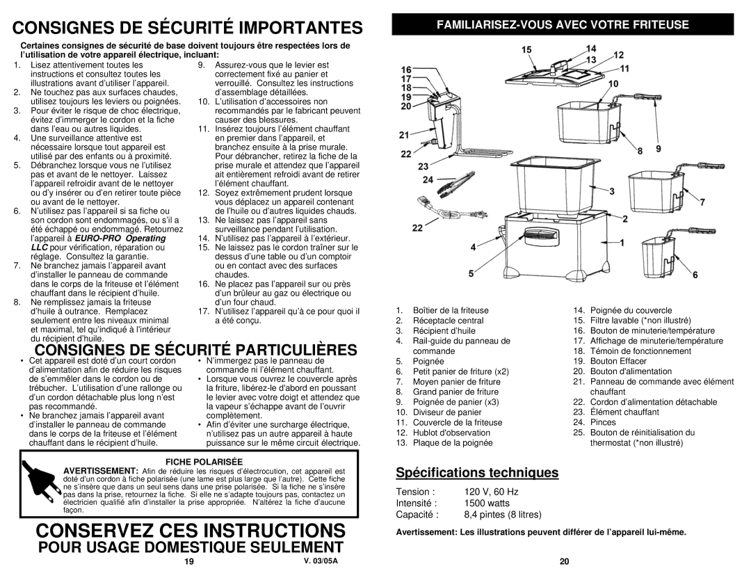 Euro-Pro F1100B owner manual Conservez CES Instructions, FAMILIARISEZ-VOUS Avec Votre Friteuse 