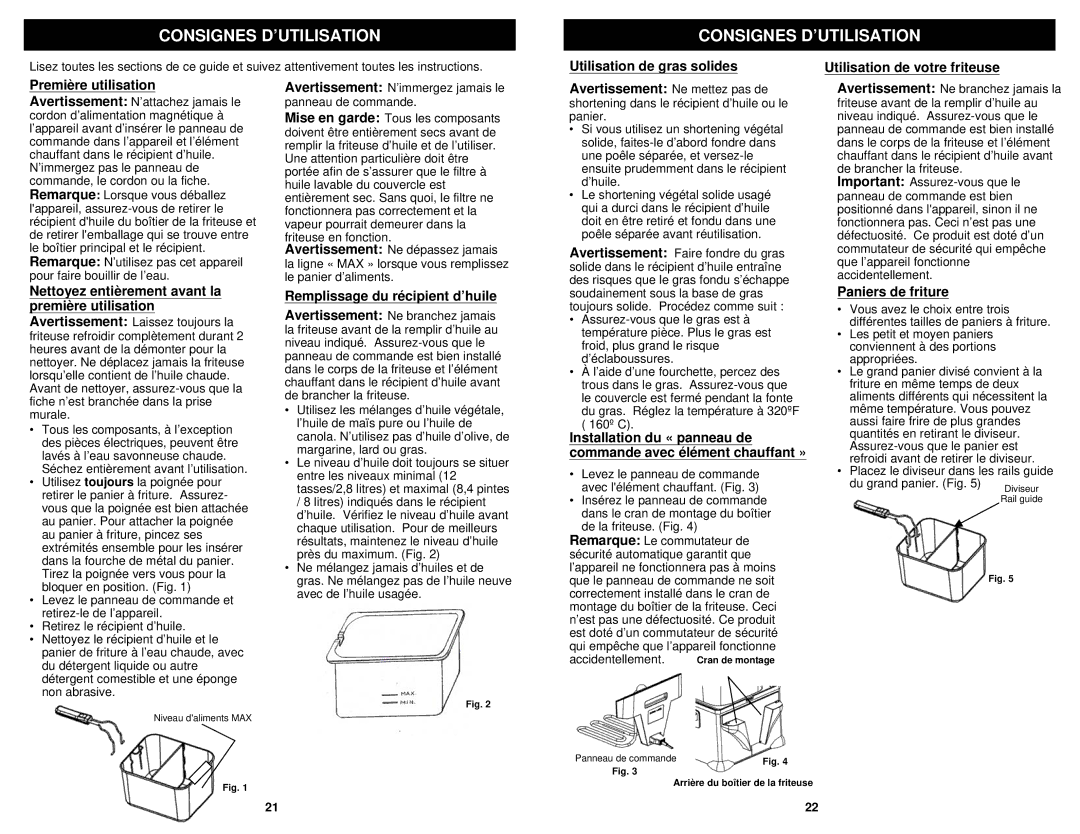 Euro-Pro F1100B owner manual Consignes D’UTILISATION, Remplissage du récipient d’huile, Paniers de friture 