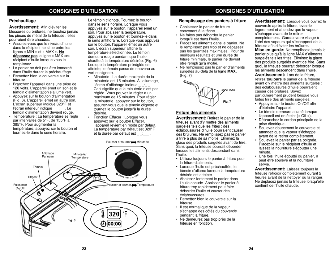 Euro-Pro F1100B owner manual Préchauffage, Remplissage des paniers à friture, Friture des aliments 