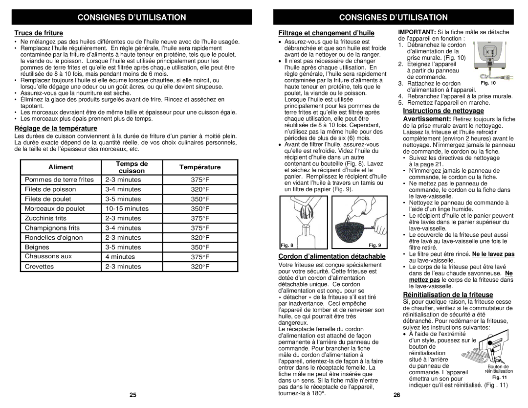 Euro-Pro F1100B owner manual Trucs de friture, Réglage de la température, Température, Filtrage et changement d’huile 