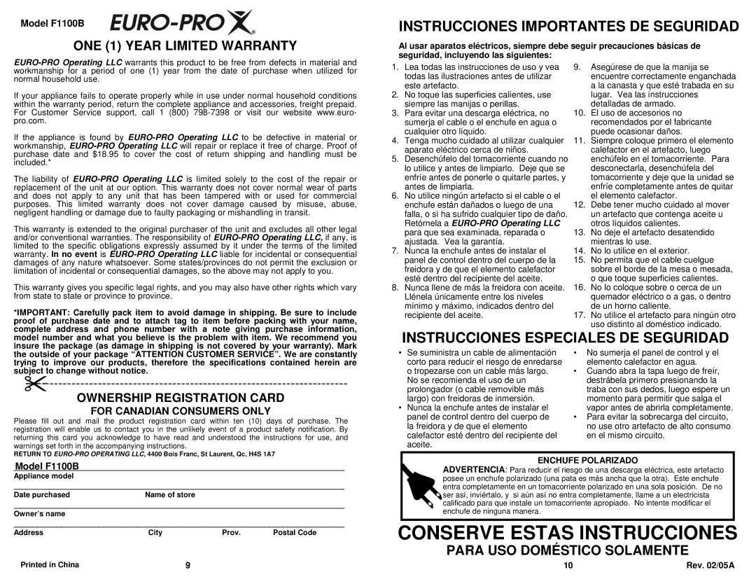 Euro-Pro owner manual Conserve Estas Instrucciones, Para USO Doméstico Solamente, Model F1100B 