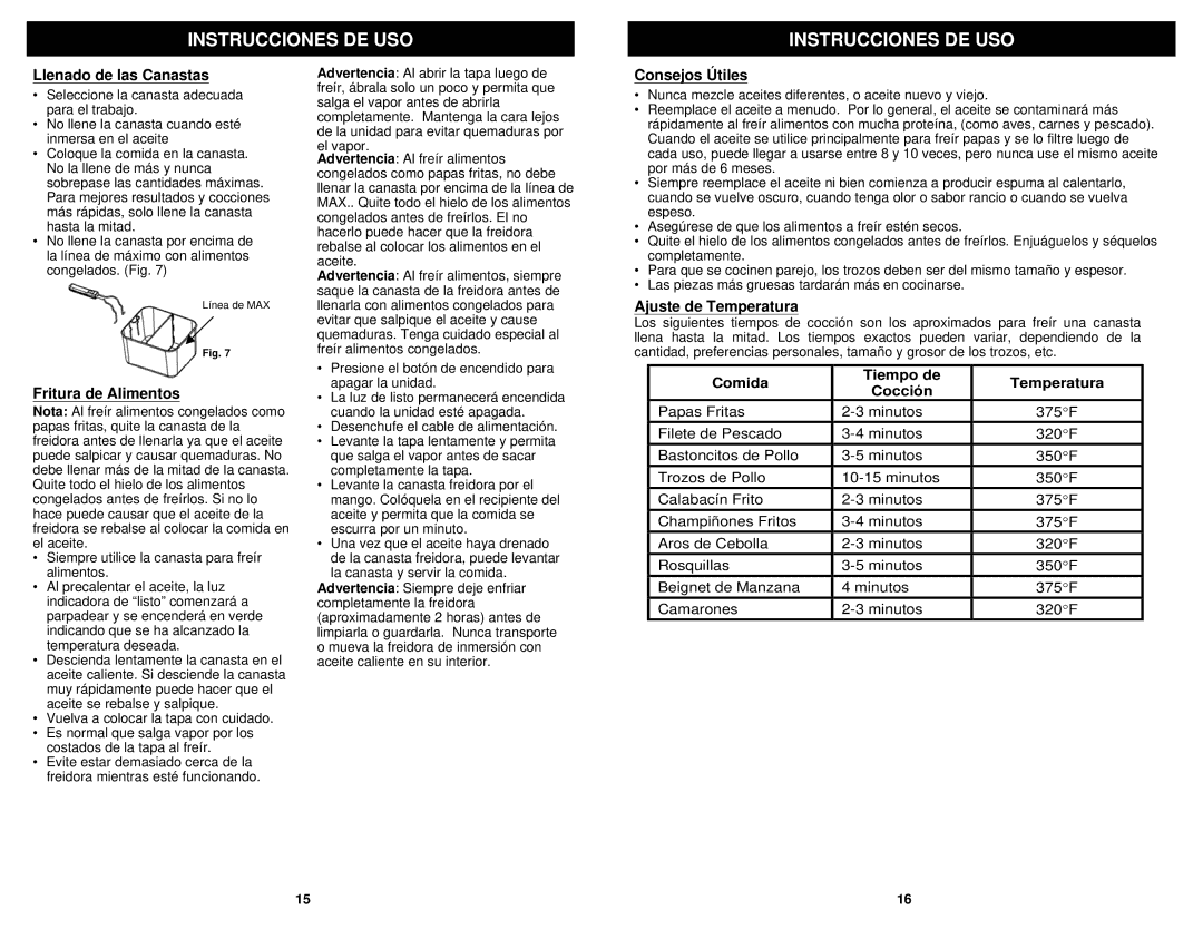 Euro-Pro F1100B owner manual Llenado de las Canastas, Fritura de Alimentos, Consejos Útiles, Ajuste de Temperatura 