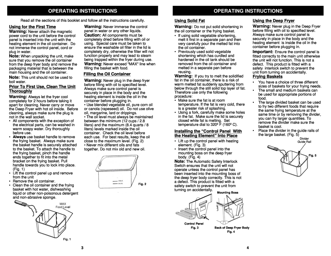 Euro-Pro F1100B Operating Instructions, Using Solid Fat, Using the Deep Fryer, Filling the Oil Container, Frying Baskets 