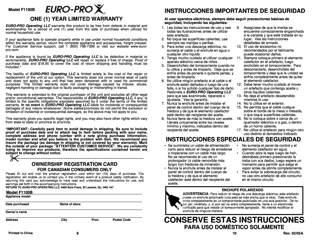 Euro-Pro Conserve Estas Instrucciones, Para Uso Doméstico Solamente, ONE 1 YEAR LIMITED WARRANTY, Model F1100B 