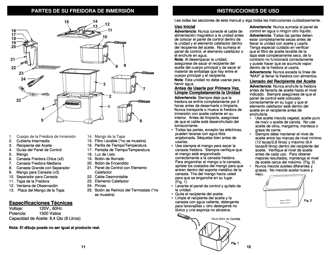 Euro-Pro F1100B Partes De Su Freidora De Inmersión, Instrucciones De Uso, Especificaciones Técnicas, Voltaje, 120V., 60Hz 