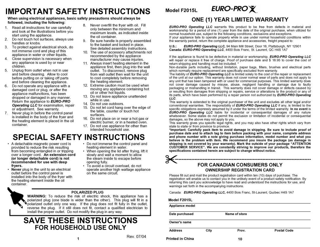 Euro-Pro F2015L owner manual Important Safety Instructions, Rev /04 