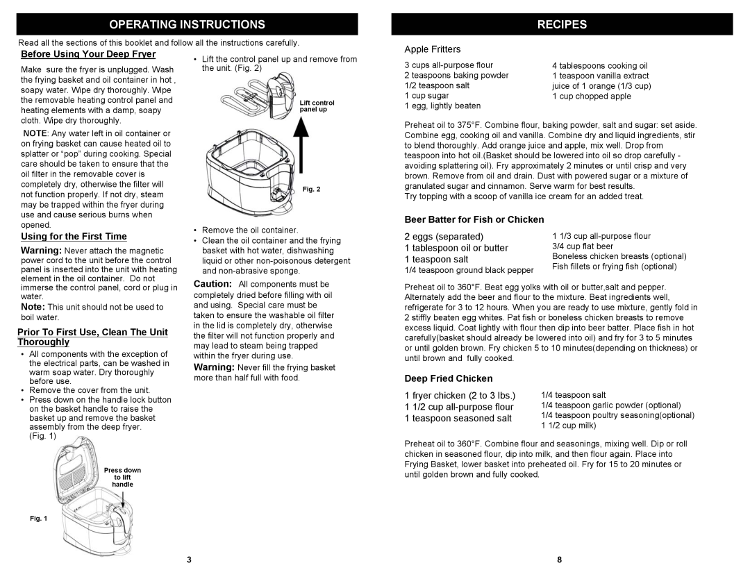 Euro-Pro F2015 Operating Instructions, Apple Fritters, Before Using Your Deep Fryer, Using for the First Time, Recipes 