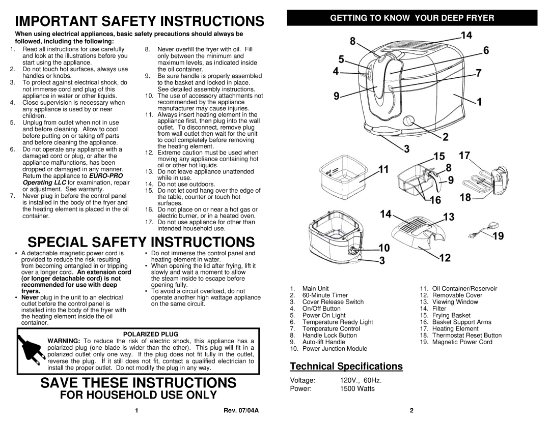 Euro-Pro F2015L/F2015 owner manual Important Safety Instructions, Getting to Know Your Deep Fryer 