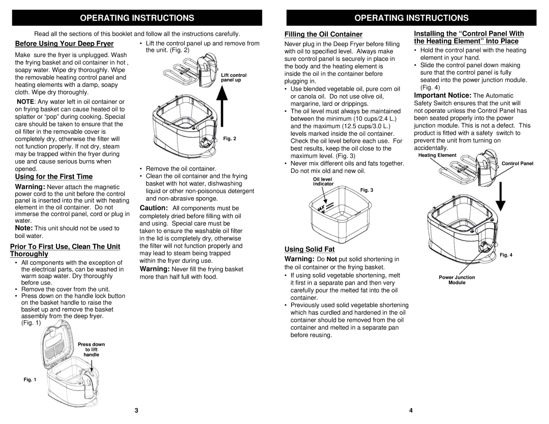 Euro-Pro F2015L/F2015 Operating Instructions, Using for the First Time, Heating Element Into Place, Using Solid Fat 