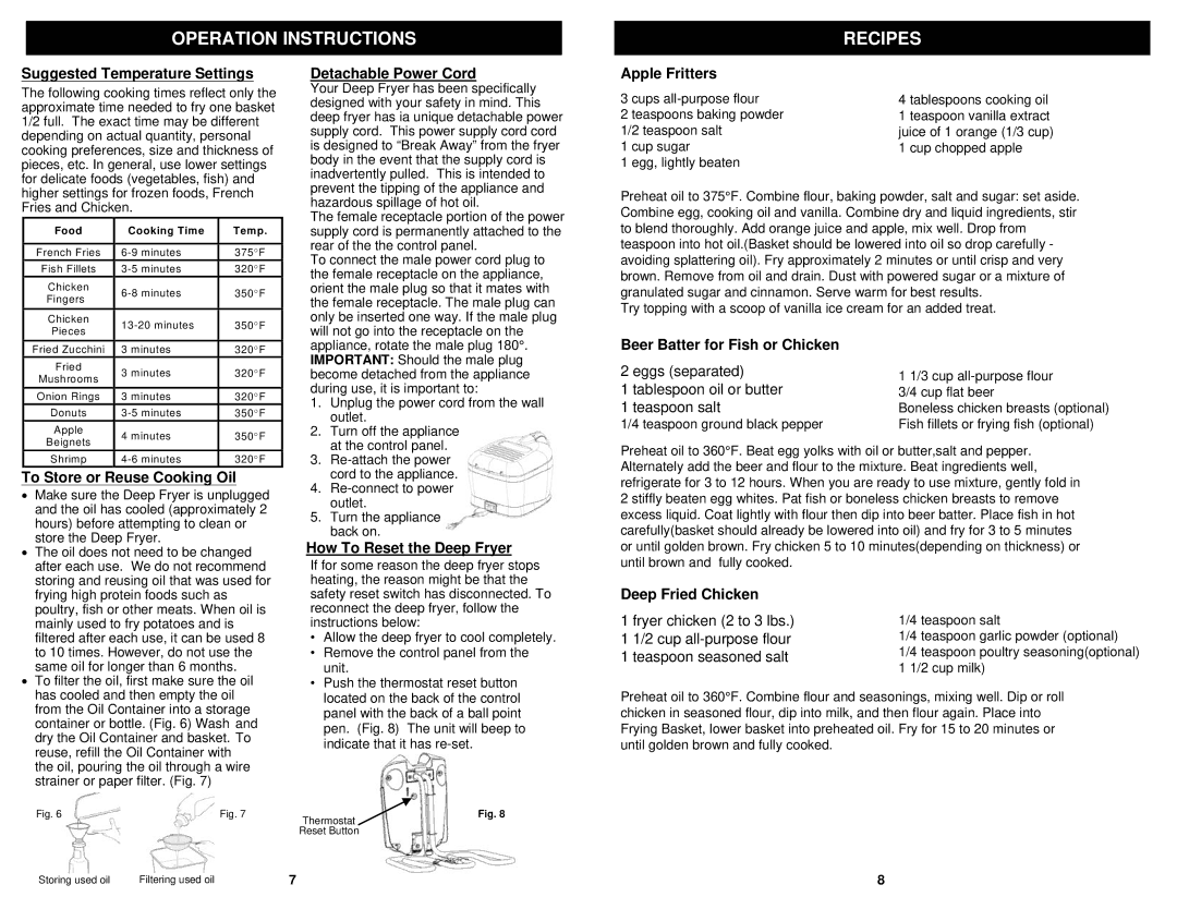 Euro-Pro F2015L/F2015 owner manual Operation Instructions Recipes 