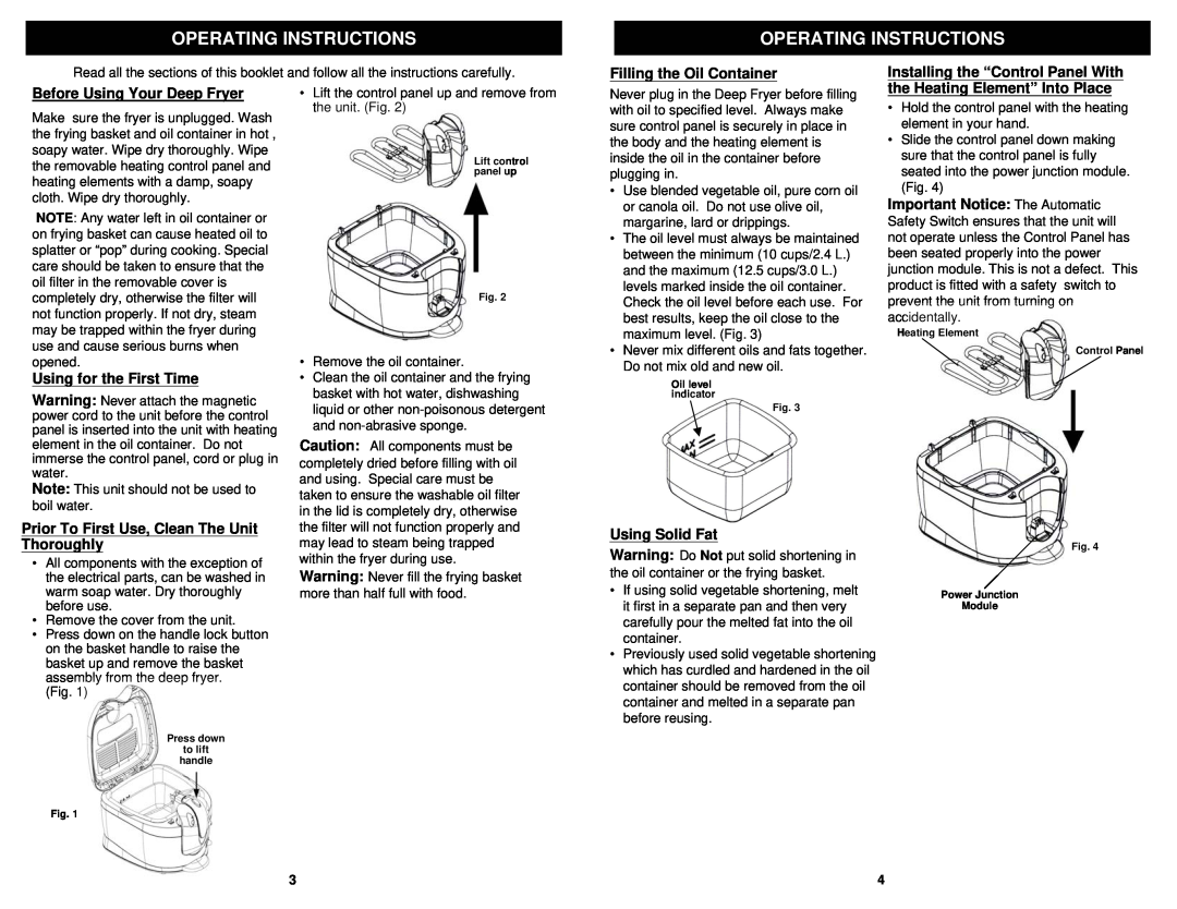 Euro-Pro F2015L/F2015 owner manual Operating Instructions, Filling the Oil Container, Installing the “Control Panel With 