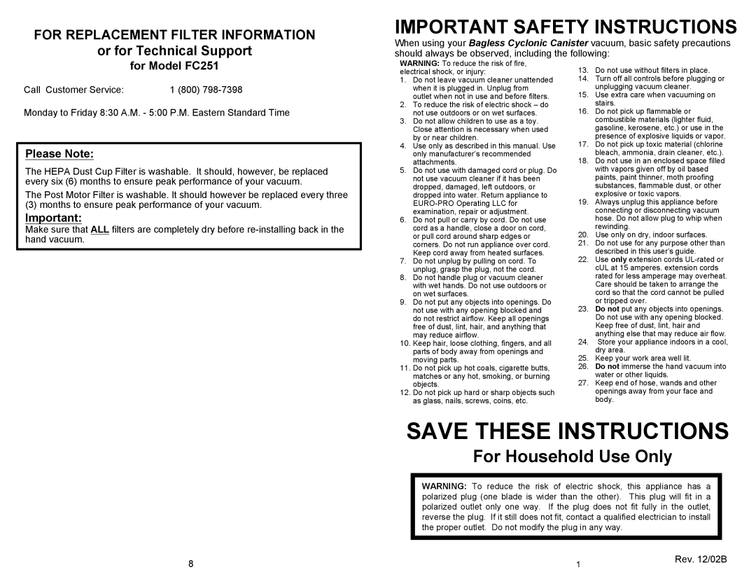 Euro-Pro FC251 owner manual Important Safety Instructions 