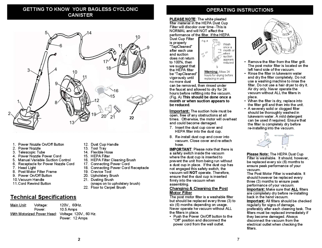 Euro-Pro FC251 owner manual Technical Specifications, Changing & Cleaning the Post Motor Filter 