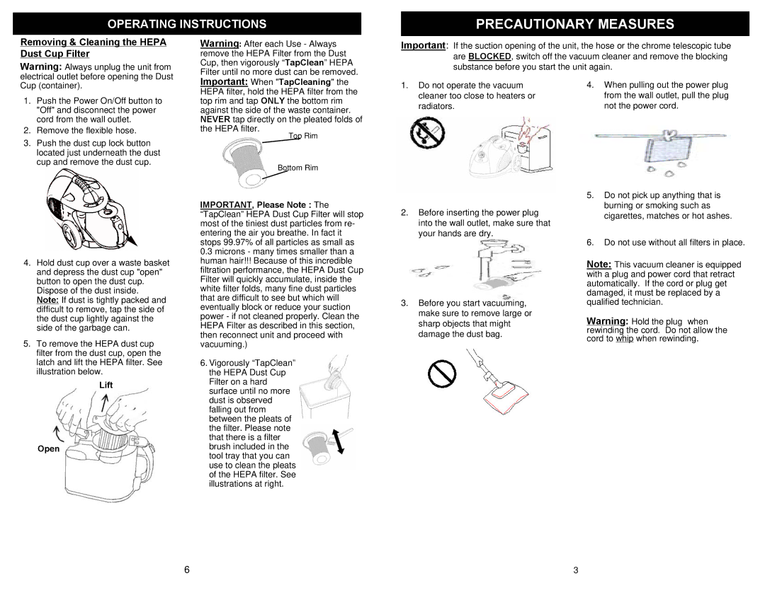 Euro-Pro FC251 owner manual Removing & Cleaning the Hepa Dust Cup Filter, Lift Open 