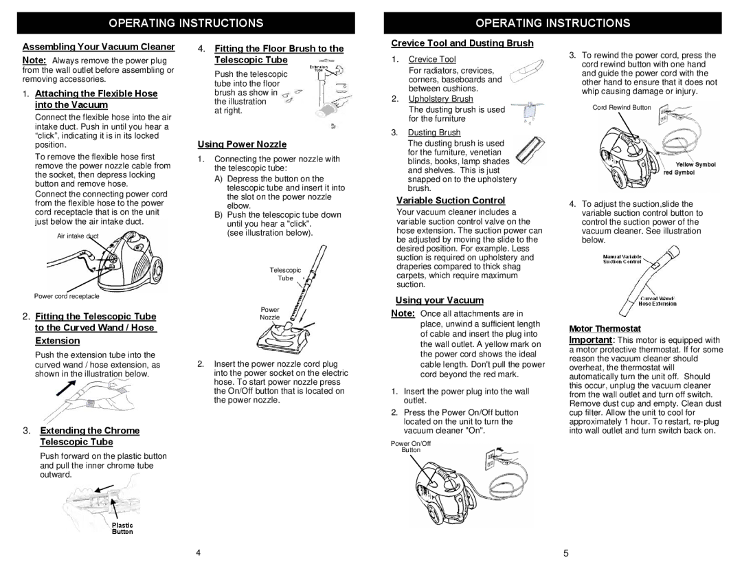 Euro-Pro FC251 Extending the Chrome Telescopic Tube, Fitting the Floor Brush to the Telescopic Tube, Using Power Nozzle 