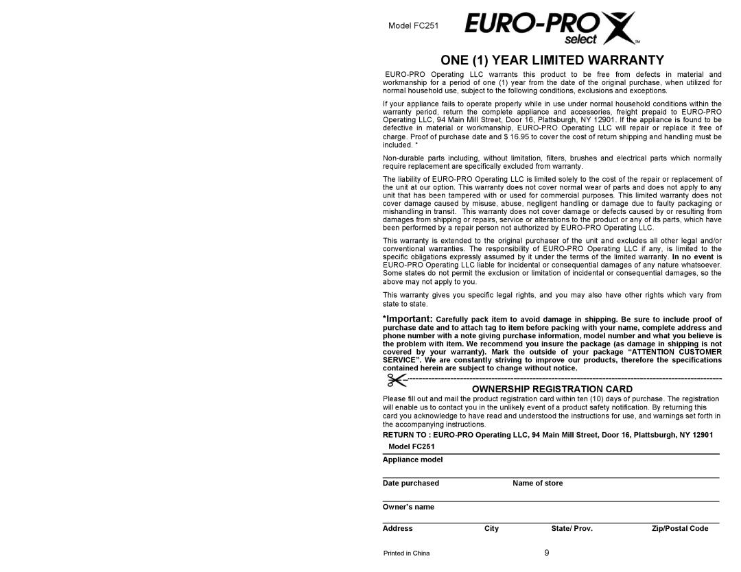Euro-Pro ONE 1 YEAR LIMITED WARRANTY, Ownership Registration Card, Model FC251, Appliance model, Owner’s name, Address 