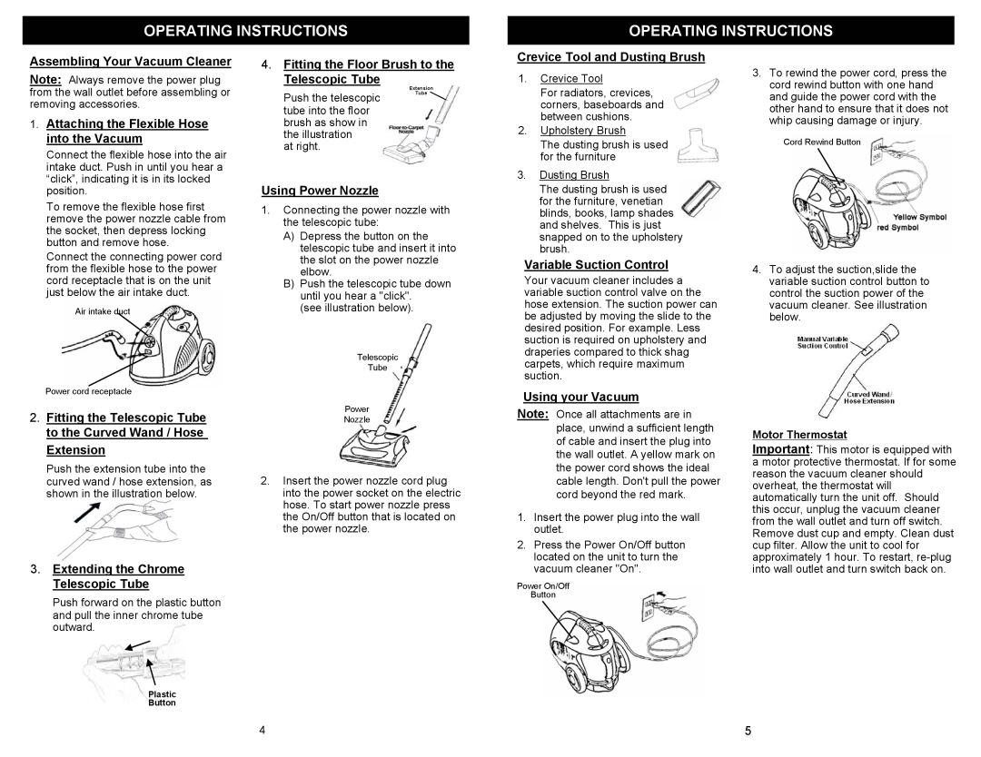 Euro-Pro FC251 owner manual Assembling Your Vacuum Cleaner, Attaching the Flexible Hose into the Vacuum, Using Power Nozzle 