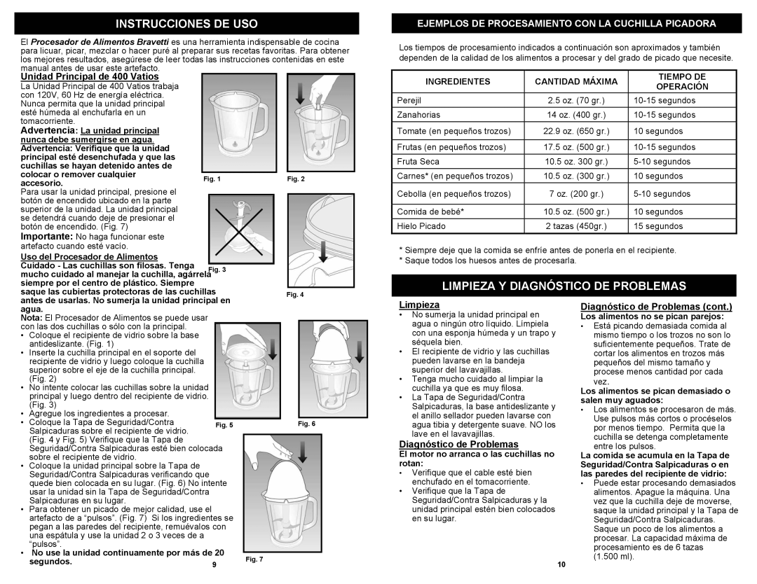 Euro-Pro FP105B owner manual Instrucciones DE USO, Limpieza Y Diagnóstico DE Problemas, Unidad Principal de 400 Vatios 